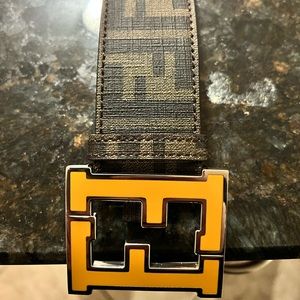 FENDI “FF” Logo Brown Leather Belt Silver with Yellow Mustard “FF” Buckle